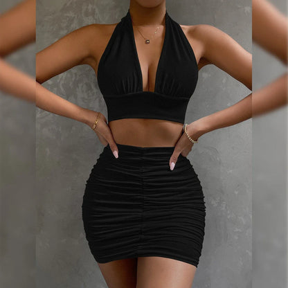 Stylish halter crop top with lace-up detail and pleated mini skirt set in various colors