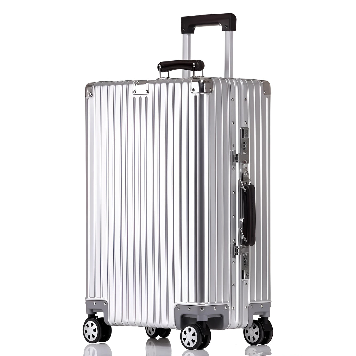 Aluminum frame 20 inch suitcase with universal wheels, box lock and retro frosted finish