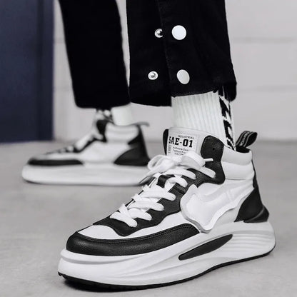Men's black and white high-top casual board shoes with a round toe and platform sole.