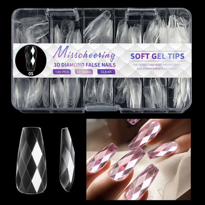 Box of 3D diamond-shaped long false nail tips in a chosen colour from the Diamond Nail range.