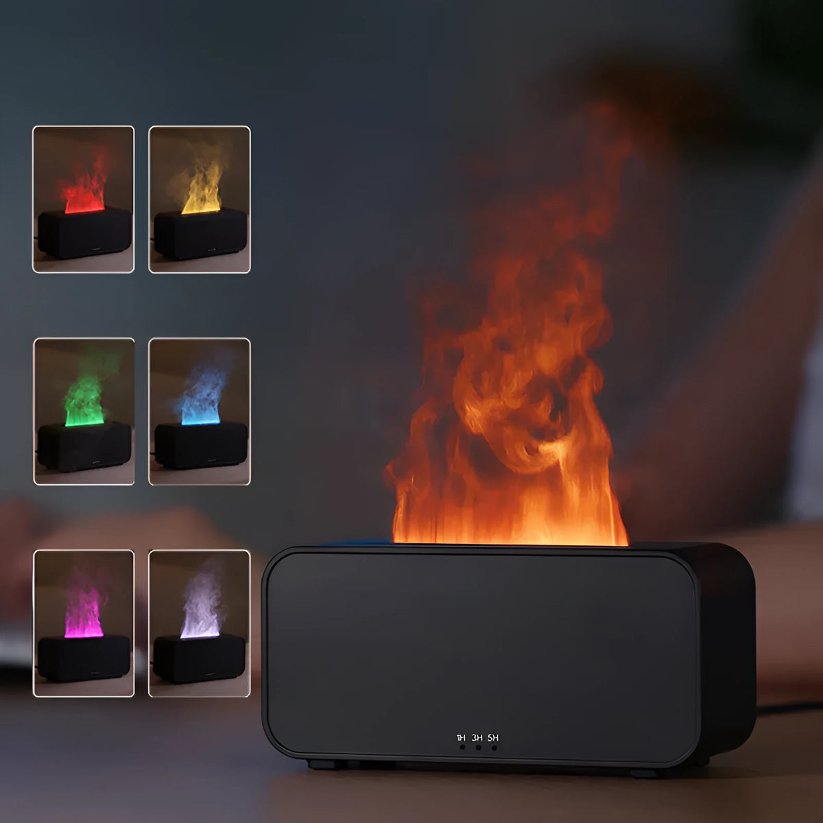 Black and white USB aromatherapy diffuser showing flame simulation and humidifier mist.