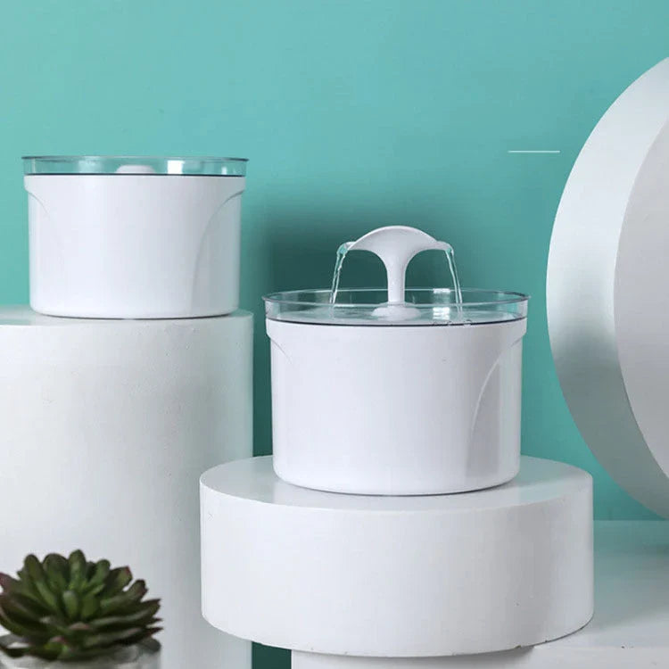 Automatic pet drinking fountain with stainless steel construction, filtration system, and low-water level indicator