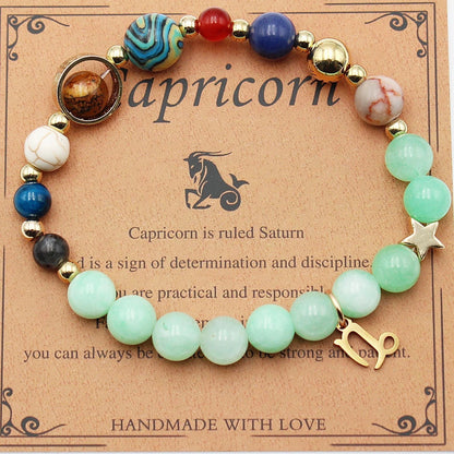 12 Constellation Morgan Stone Beaded Bracelet featuring detailed zodiac signs on 19mm beads