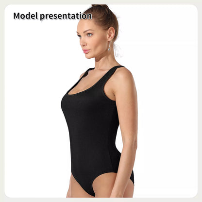 Women's solid color bodysuit in black and coffee, featuring stretchable fabric for a comfortable fit.