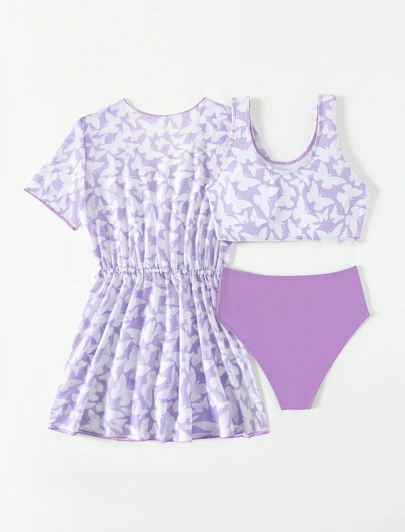 Girls' three-piece split cover print swimsuit set in colour 3218, sizes 8Y to 12Y.