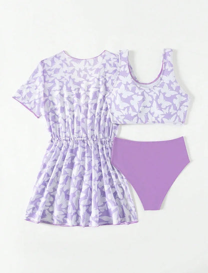 Girls' three-piece split cover print swimsuit set in colour 3218, sizes 8Y to 12Y.