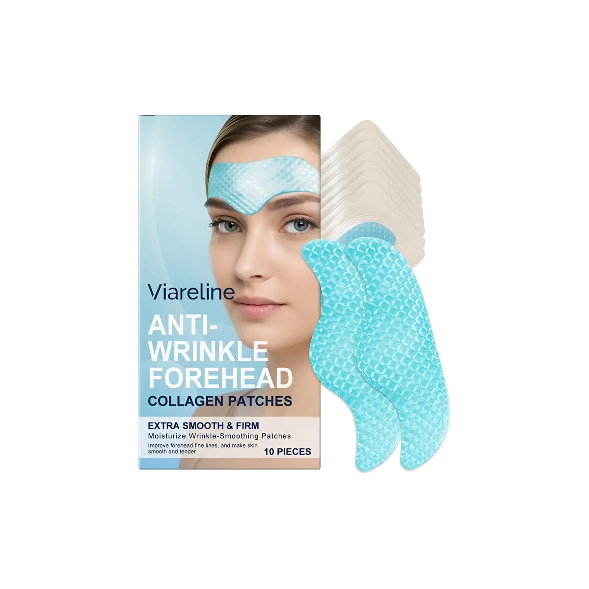 Pack of 10 collagen anti-wrinkle moisturising forehead patches on a white background.