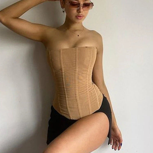 Sleeveless corset crop top for women in black, khaki, and white colors with unique mesh and corset design