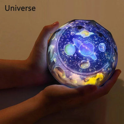 Enchanting star projector lamp with interchangeable film slides showcasing the universe, ocean, and holiday motifs