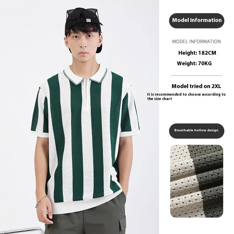 Men's short sleeve ice silk sweater with zipper decoration in striped pattern, available in multiple colours and sizes