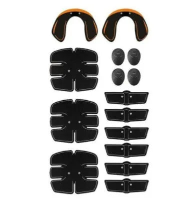 Compact EMS muscle stimulator unit with remote control and gel pads for abdominal and buttock toning.