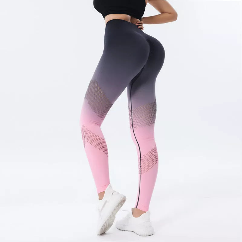 Women's hollow design gradient printed yoga pants with high waist and quick-drying material