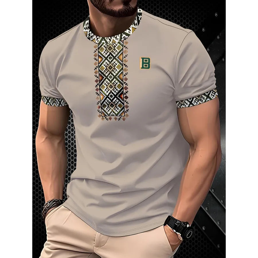 Men's striped casual T-shirt with digital 3D printing in loose fit short sleeve design