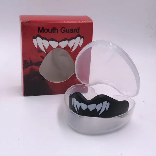 Custom mouldable boxing mouthguard with tooth socket design in black and white colour for adult combat sports.