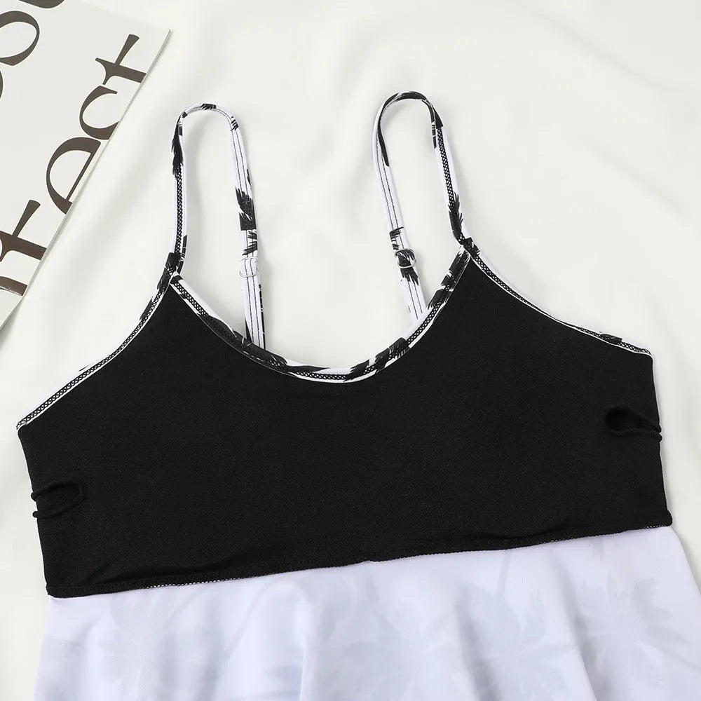 High waist double-layer printed swimsuit with polyester fabric for swimming activities