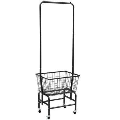 White mobile clothes storage rack with swivel casters and a single long hanging rod for shirts and trousers.