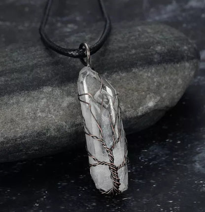 Unique amorphous white crystal pendant necklace with 45cm chain in antique silver or copper
