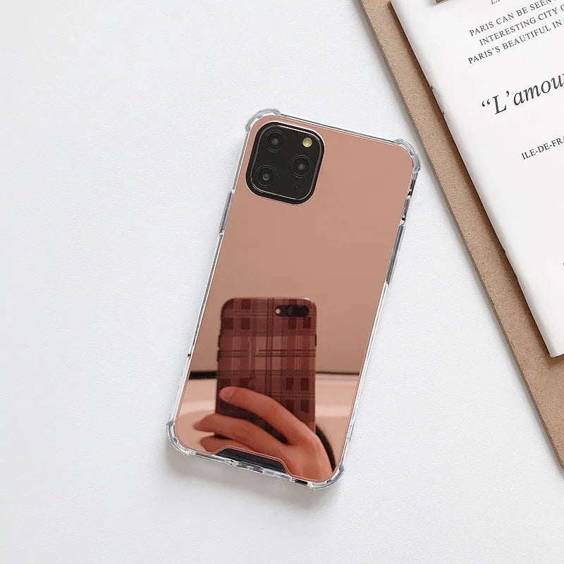 Mirror finish iPhone case showing transparent PC shell with reflective silver surface and back cover design
