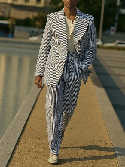 Blue and white striped polyester suit set with blazer and pants on mannequin