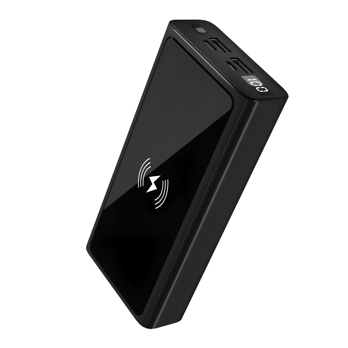 Black and blue alloy 10000mAh portable power bank with wireless charging function.