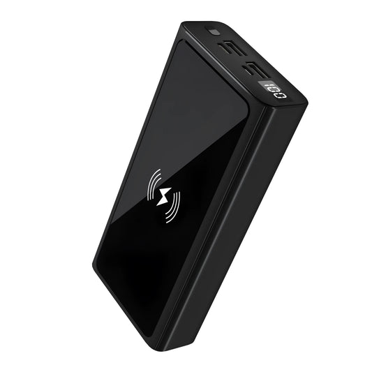 Black and blue alloy 10000mAh portable power bank with wireless charging function.