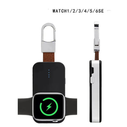 Black Apple Watch keychain charger showing 127mm length, 41mm width, with 1000mAh battery capacity