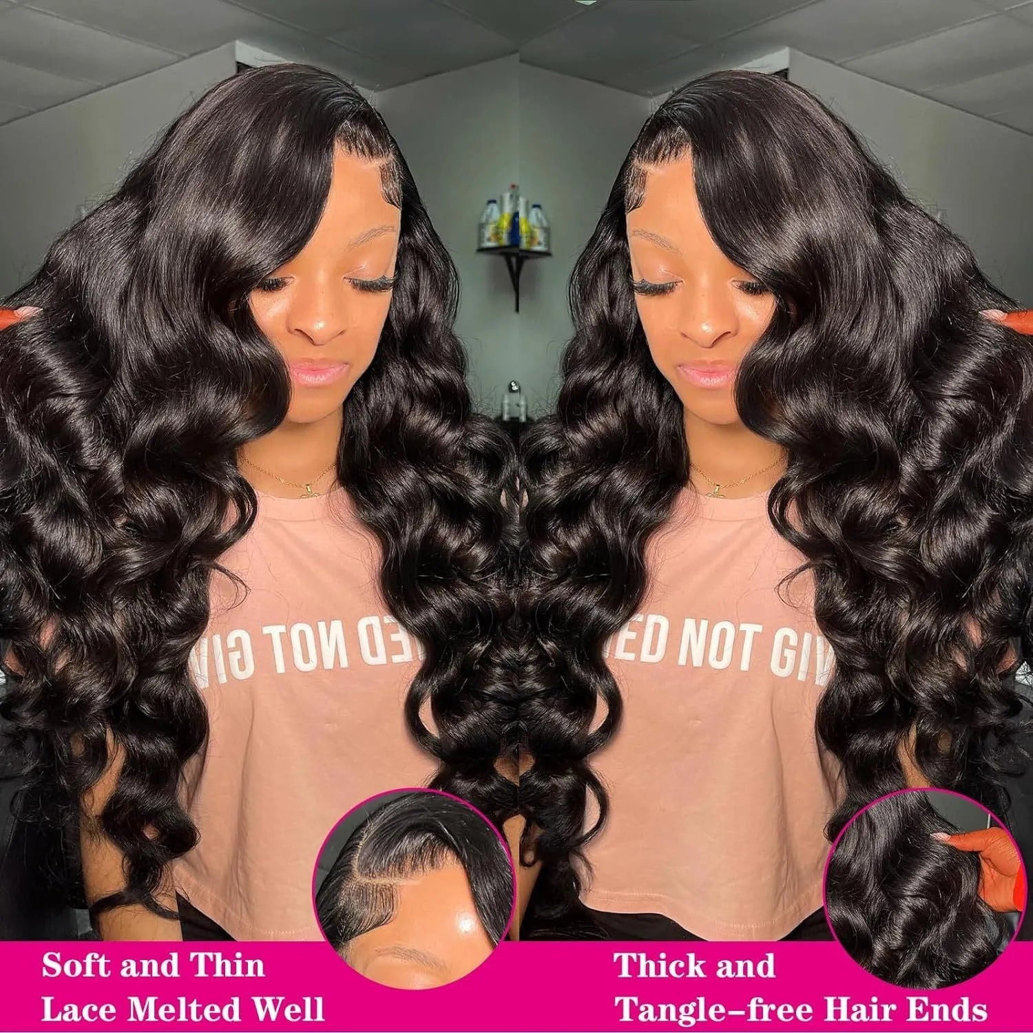 Black medium-long curly synthetic wig with 22-inch length and natural wave pattern on display stand