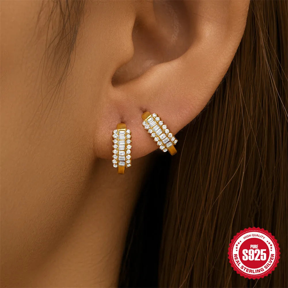 Sterling silver geometric stud earrings with small round diamond accents in gold or silver finish