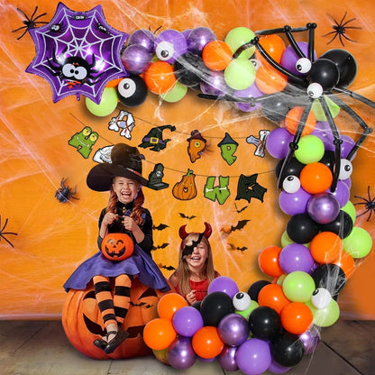 Halloween balloon combo set with spider balloon arch and white and black round latex balloons for party decorations