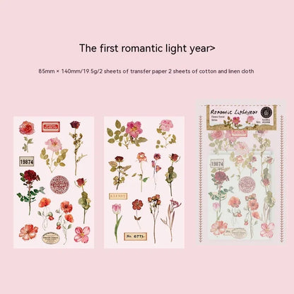Forest label sticker material pack showing transfer paper and cotton linen sheets with nature designs in 85x180mm size