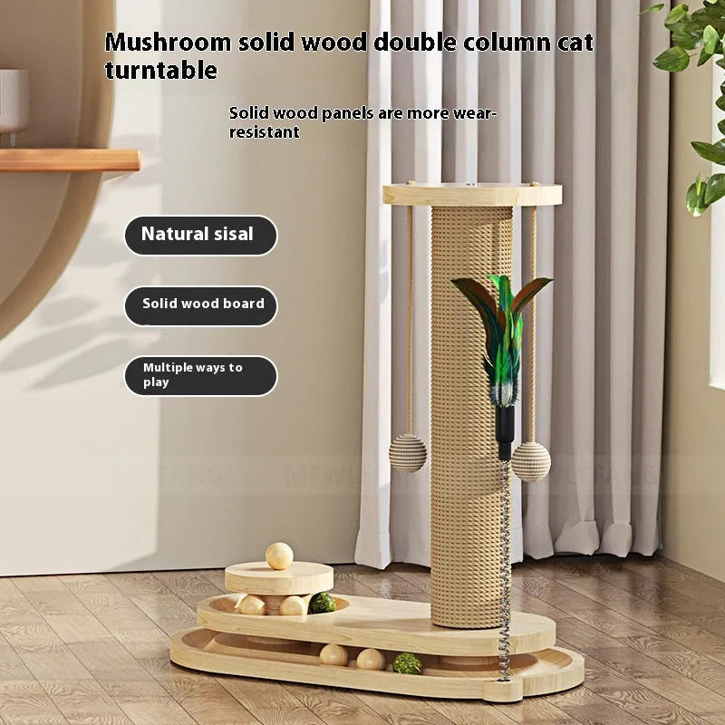 Solid wood cat scratching post with turntable base, 50cm tall with 30cm diameter