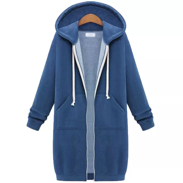 Hooded long sleeve sweater fleece jacket in navy blue with zipper closure