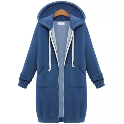 Hooded long sleeve sweater fleece jacket in navy blue with zipper closure