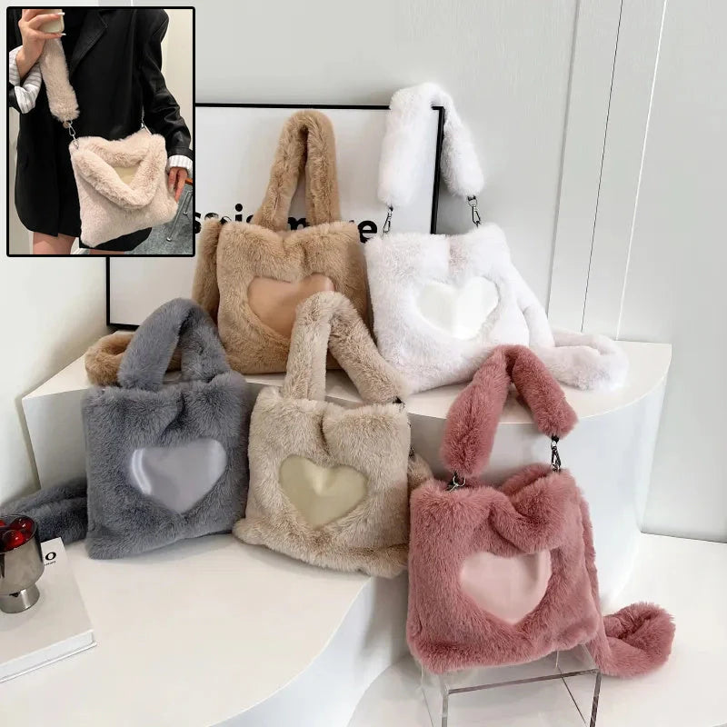 Plush tote bag for women in various colors, including black, brown, white, gray, and pink, with a soft, fluffy exterior and a spacious, versatile design.