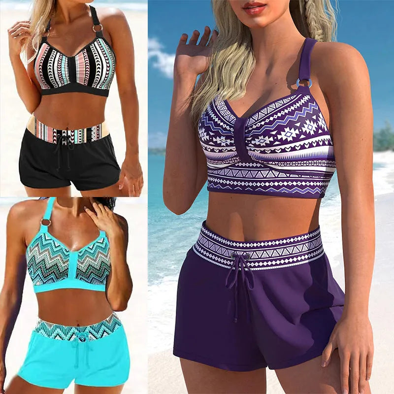 Women's two-piece swimsuit in polyester with bikini design in navy blue or print colours