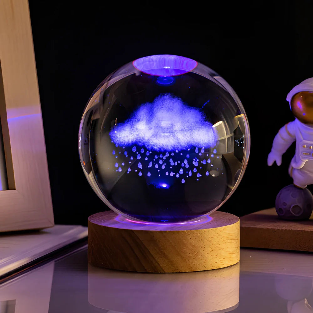 6cm crystal ball night light with Milky Way design on colourful base, USB cable connected
