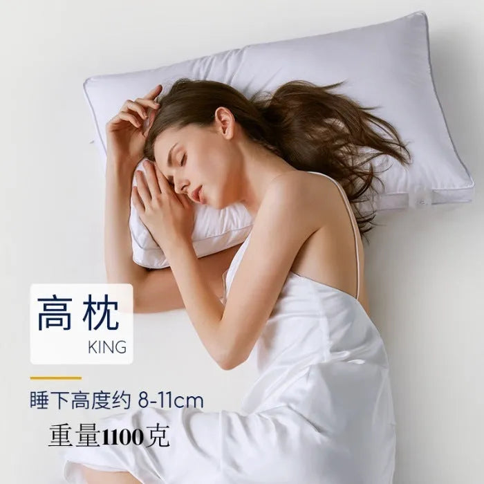 White cotton satin stripe pillow with feather-cotton filler in 900g, 1000g, or 1100g weights and 45x65cm, 48x74cm, 50x80cm sizes