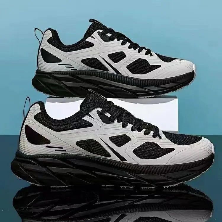 Men's and women's casual running shoes with mesh upper in red, beige, green, grey, or black.