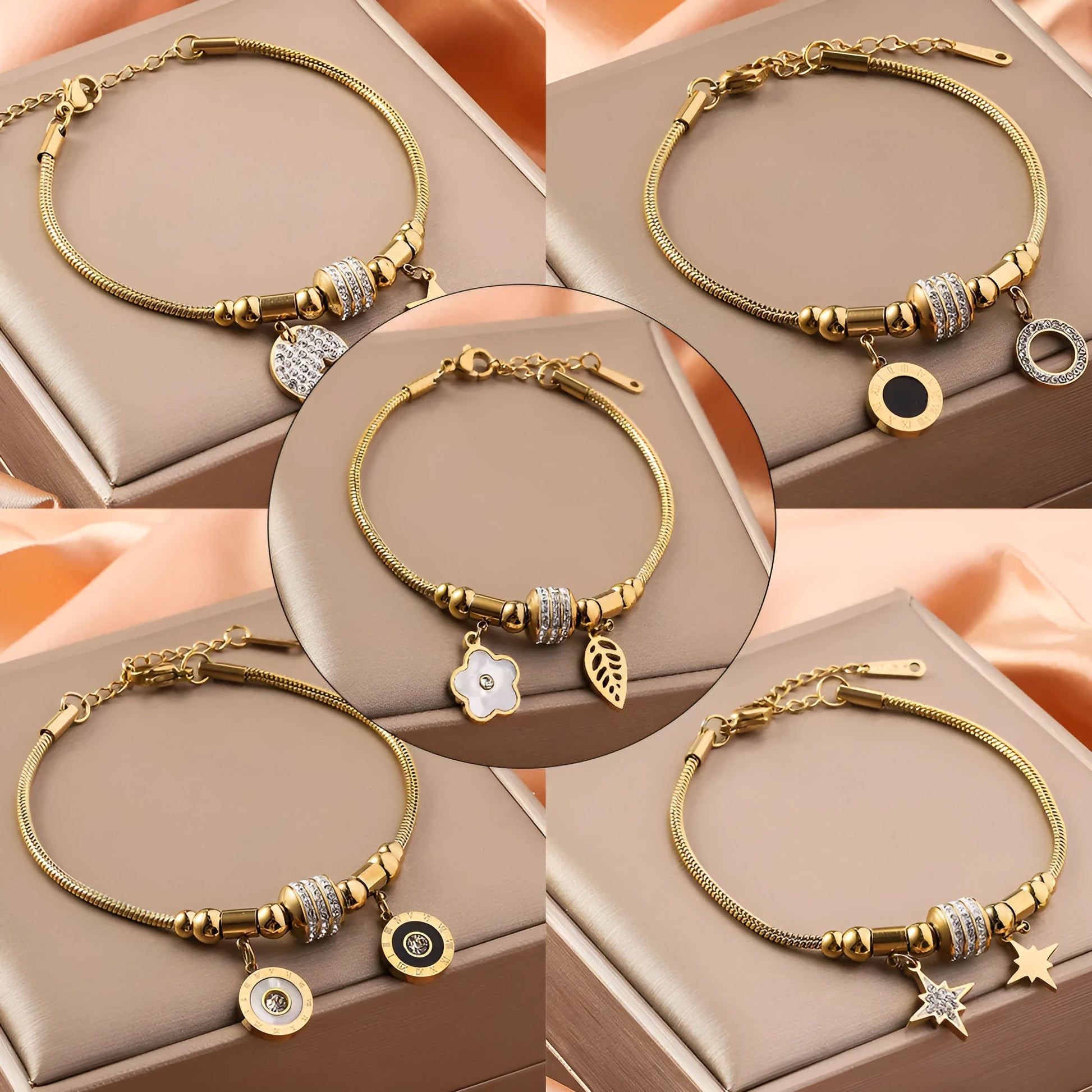 Titanium steel inlaid shell bracelet with electroplated finish showing pattern variation options