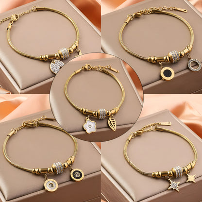 Titanium steel inlaid shell bracelet with electroplated finish showing pattern variation options