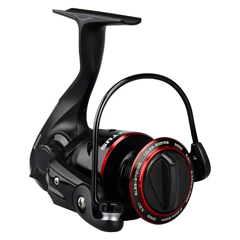 All-metal spinning fishing reel and collapsed telescopic rod combo on a background
