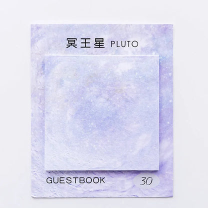 Square 7.3cm sticky notes with oil painting planet designs including Earth, Mars, Mercury, Pluto, and moon variations