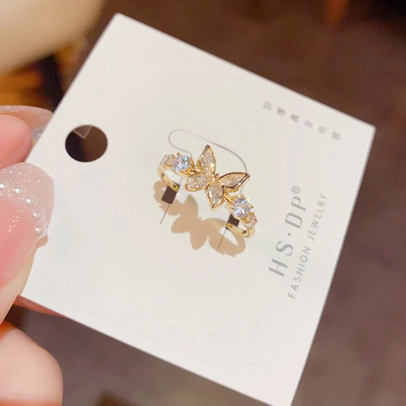 Gold plated diamond inlaid butterfly ring for women, adjustable size, elegant design