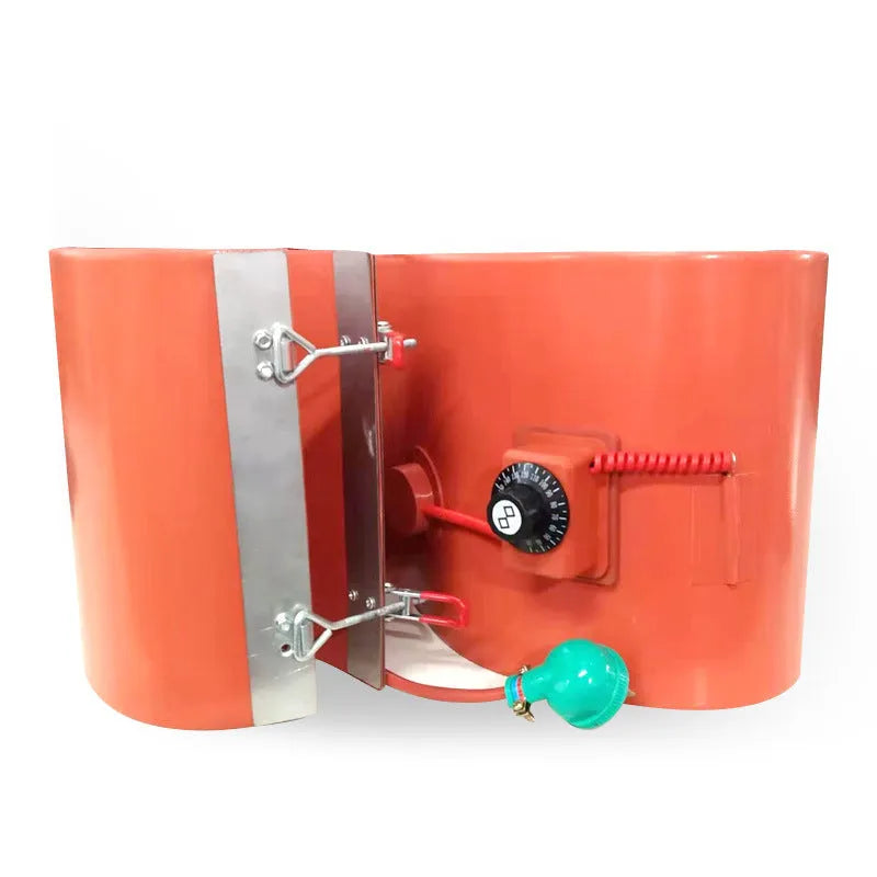 Silicone rubber heating belt wrapped around a 200-litre oil drum with digital control unit.