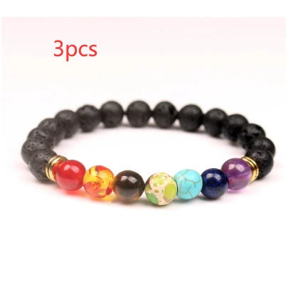 Handcrafted black lava beaded bracelet with seven chakra stones for healing and balance