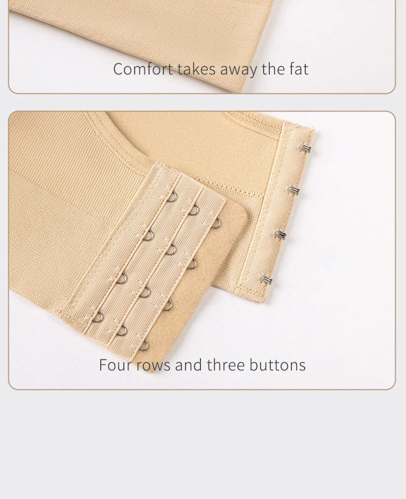 Comfortable back button up sports bra with wide straps in white, black, and apricot