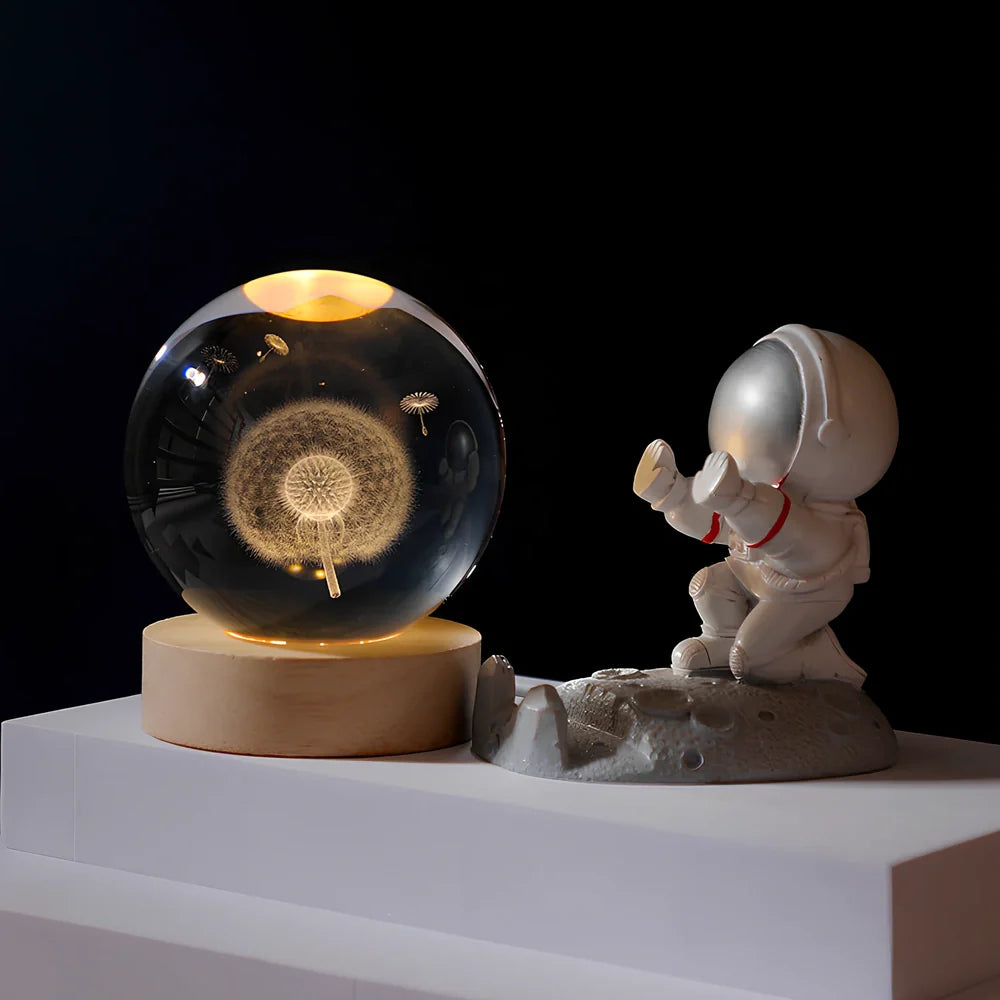 Cosmos Series 8cm crystal ball night light on wooden base with astronaut pusher projecting Milky Way pattern