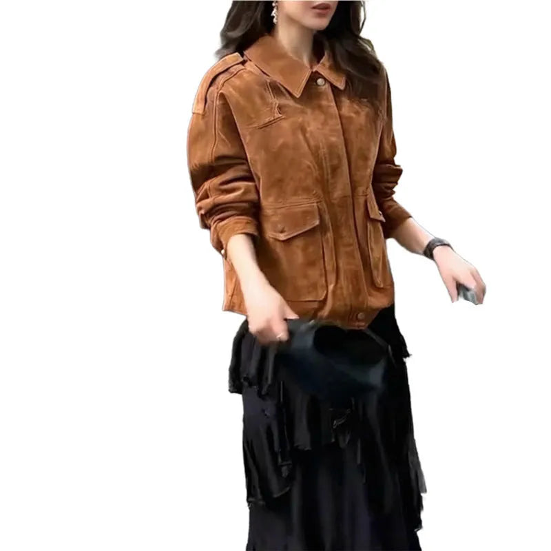 Women's suede coat in bright brown with regular sleeves, street-chic design, sizes S to 3XL