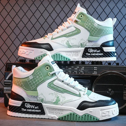 Men's beige white blue high-top board shoes with lace-up front and rubber soles
