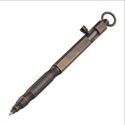Brass tactical pen with hexagonal bolt design showing natural brass colour option